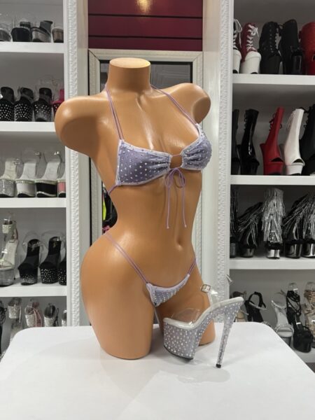 Lavender sparkle micro bikini with rhinestone detail, triangle top, and double strap thong bottom
