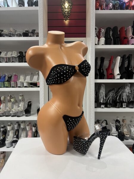 Black rhinestone bandeau bikini with strapless top and minimal thong bottom with sparkling detail