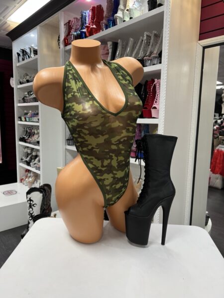 Green camo high cut bodysuit with deep plunge neckline and sleek fitted design