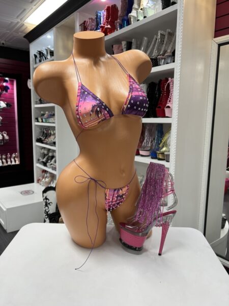 Sunset print rhinestone bikini with triangle top and tie side bottoms in pink and orange tones