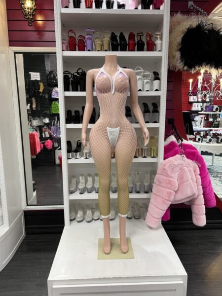 white rhinestone fishnet jumpsuit with halter neckline and full body design