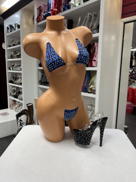 blue rhinestone micro bikini with triangle top and minimal bottoms