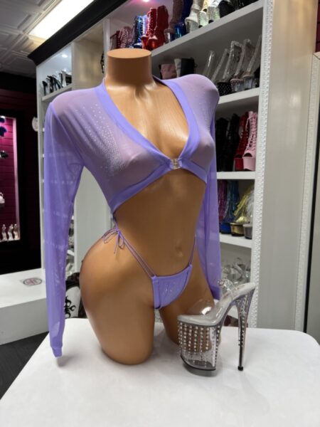 lavender sheer sleeve bodysuit with mesh long sleeves and rhinestone detail