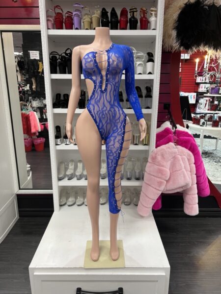 blue lace asymmetrical bodysuit with one sleeve and lace up leg detail