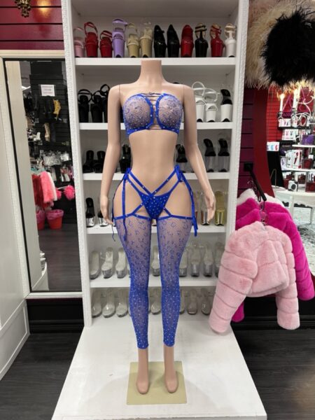 blue rhinestone strappy set with sheer leggings and lace up top