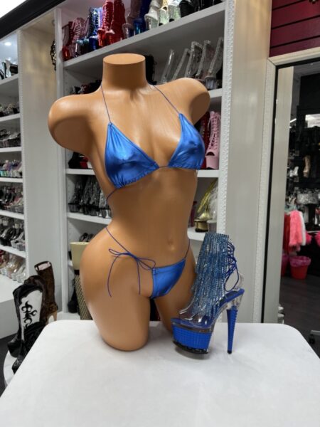 blue lame string bikini with triangle top and tie side bottoms