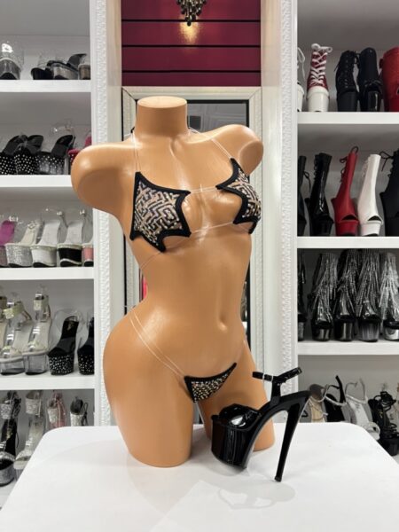 geometric rhinestone clear bikini with transparent straps and black trim