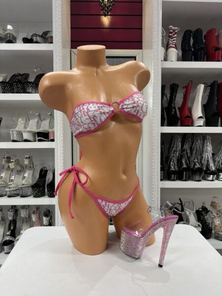 pink logo ring set strapless rhinestone top with matching tie side bikini bottoms