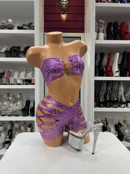 Purple rhinestone shredded set with lace-up bandeau top and cutout high-waisted shorts