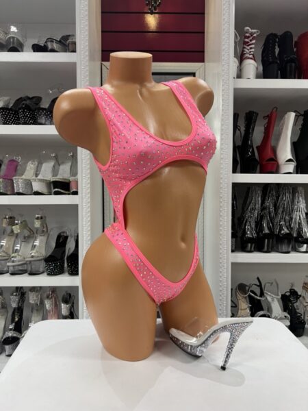 coral rhinestone cutout bodysuit with high cut legs and scoop neckline