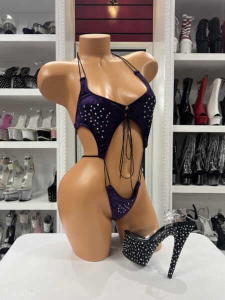 purple rhinestone slingshot bodysuit with velvet fabric and lace up front