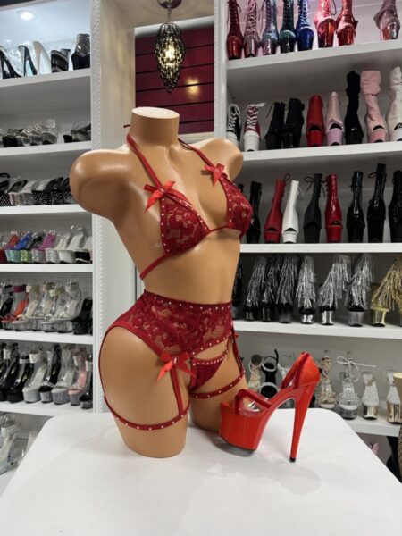 Red lace garter set with halter top high waisted bottom and matching thong