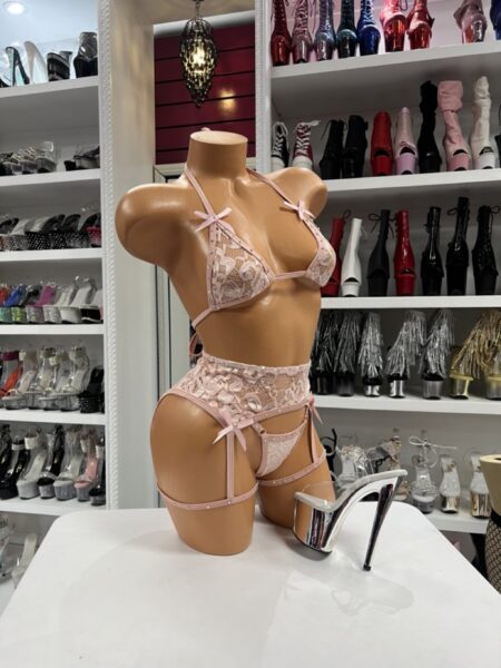 Blush lace garter set with halter top high waisted bottom and matching thong