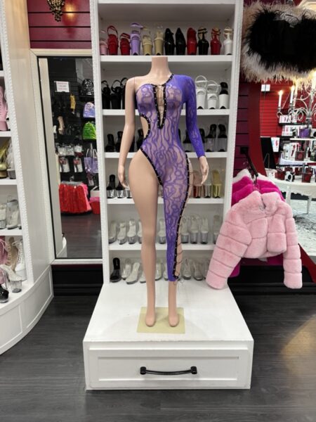 Purple lace bodysuit with one shoulder sleeve and asymmetrical lace up leg design