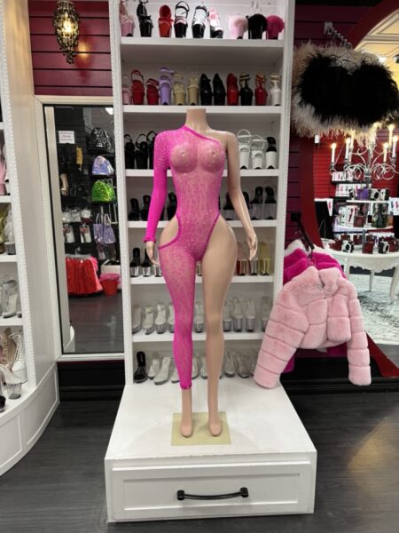 Hot pink lace bodysuit with one shoulder long sleeve and asymmetrical leg design