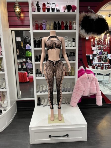 Black lace two piece set with halter top and sheer cutout leggings
