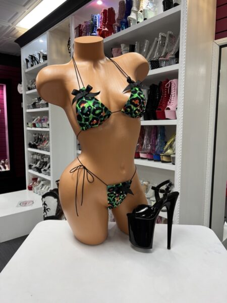 green leopard bow bikini with triangle top and tie side bottoms with bow details