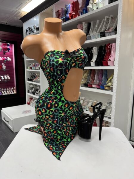 green leopard cutout dress strapless bodycon dress with side cutout detail