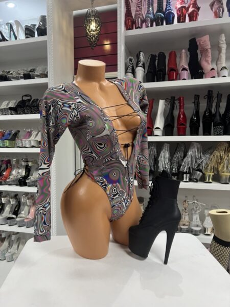 psychedelic swirl lace-up bodysuit with long sleeves and plunging neckline