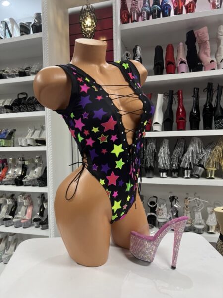 neon star lace-up bodysuit with plunging neckline and high cut fit