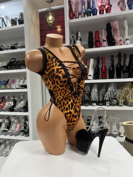 tan leopard lace-up bodysuit with plunging neckline and high cut fit