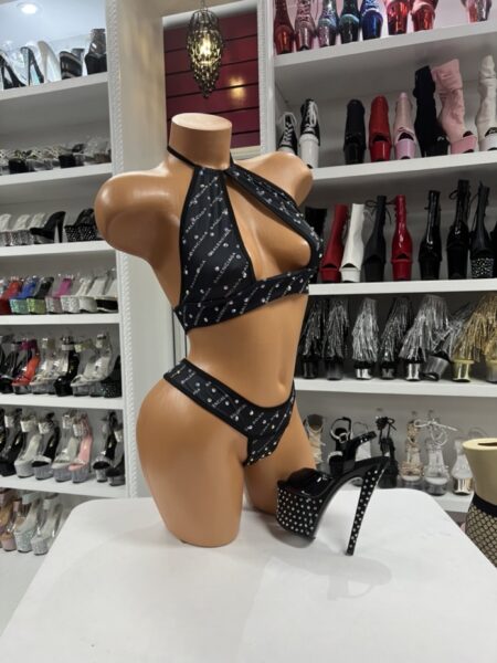 black sparkle halter bikini with cutout top and matching bottoms