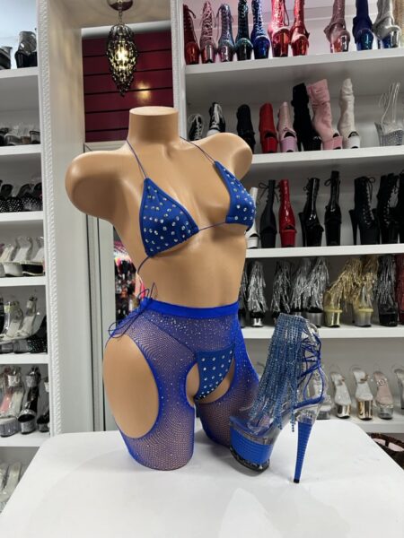 Blue crystal garter set with triangle top, matching thong, blue fishnet garter-style shorts, side cutouts, and crystal accents.