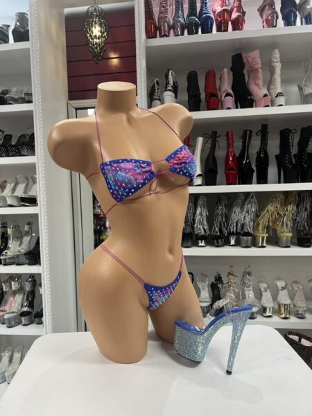xt Blue pink bikini set with triangle top, matching thong, pink string ties, colorful print, and crystal accents.