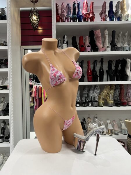 Pink kawaii crystal bikini with triangle top, matching string thong, soft pink ties, cute print, and sparkling crystal accents.