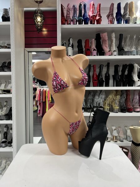 Pink tiger crystal bikini with triangle top, matching string thong, slim pink ties, black animal print, and sparkling crystal accents.