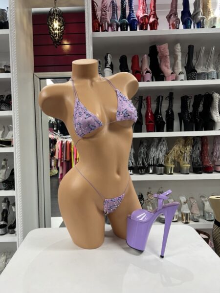 Lavender Butterfly Micro Bikini with butterfly print, rhinestone triangle top, matching string bottom, and thin purple ties.