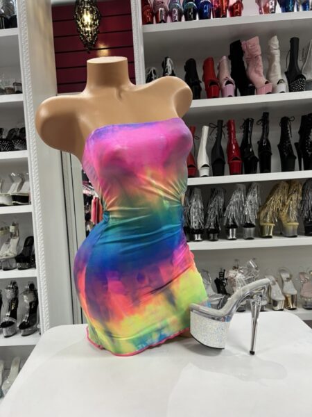 Rainbow Tie Dye Dress with strapless tube neckline, bright pink, blue, yellow, green, and purple print on mannequin.