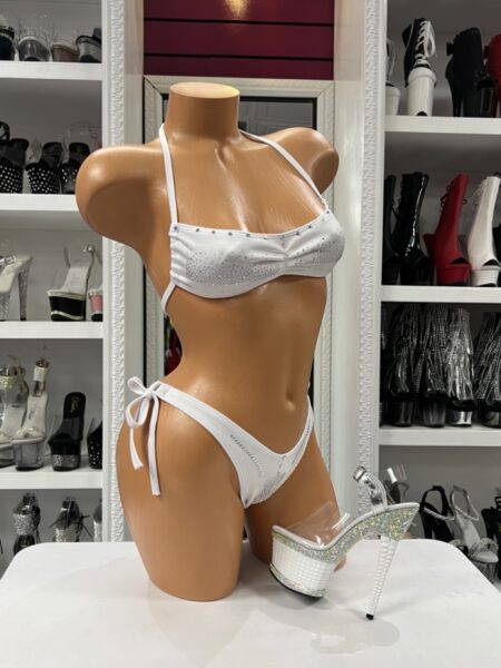 White Rhinestone Tie Set with white bandeau bikini top, rhinestone accents, matching tie-side bottoms, and white platform heel styling.