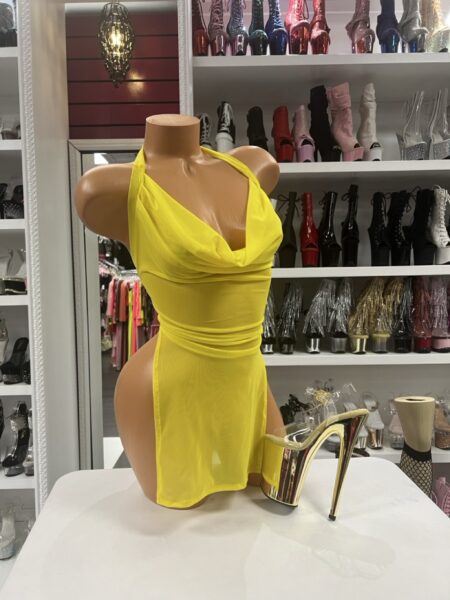Yellow Side Slitdress with draped cowl neckline and asymmetrical side slit mini dress