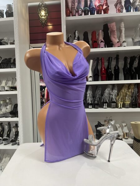 Lavender Side Slitdress with draped cowl neckline and high side slit mini dress design