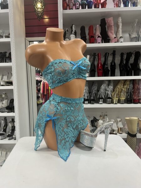 Aqua Lace Skirt Set with strapless bandeau top bow detail matching side slit skirt and floral lace texture