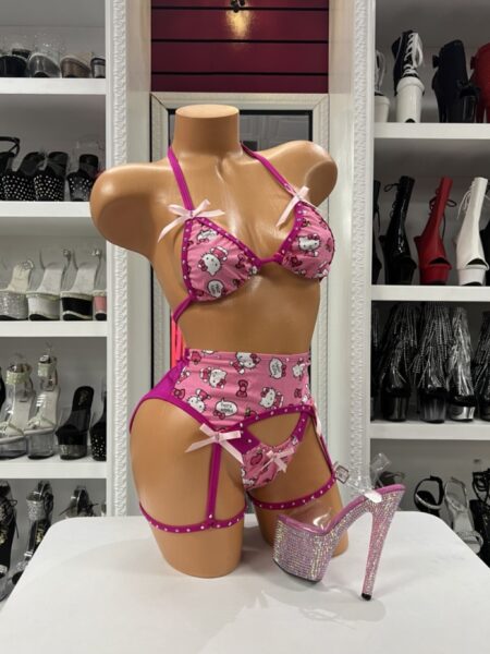 Pink Kitty Garter Set with pink kitty print, triangle top, high waist bottom, thong detail, bow accents, rhinestone trim, and attached garter straps.