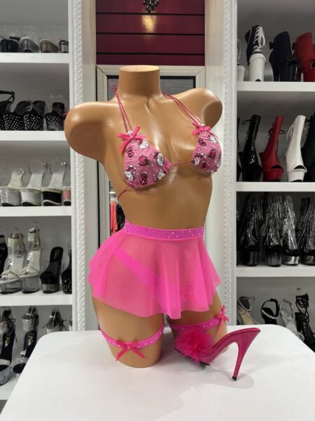 Pink Kitty Skirt Set with printed triangle top, hot pink sheer mini skirt, matching thong bottom, bow accents, rhinestone trim, and leg garters.