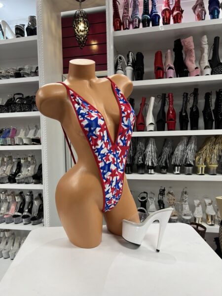 patriotic star slingshot bodysuit with red white and blue star print