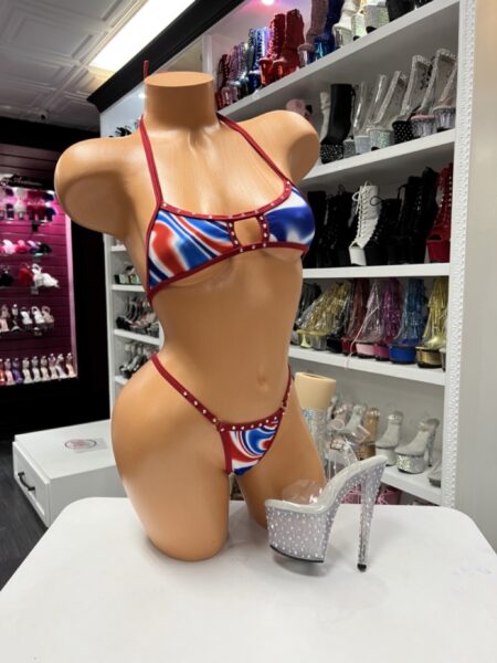 Patriotic Swirl Micro Bikini with red white blue swirl print red straps and stud accents