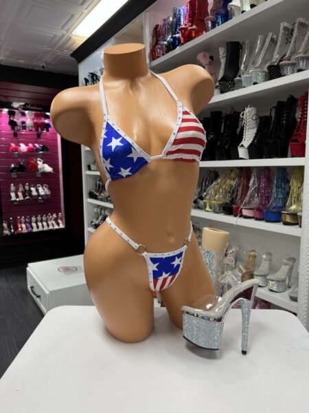 Liberty Star Micro Bikini with red white and blue star stripe print triangle top thong bottom side rings and rhinestone trim