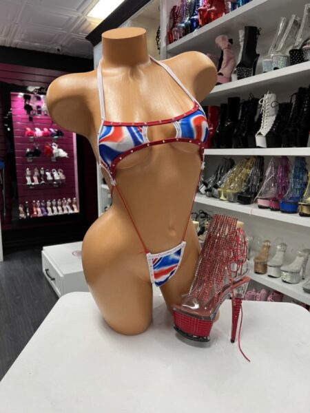 Americana Swirl Micro Romper with red white and blue swirl print rhinestone accents cutout front and minimal thong style bottom