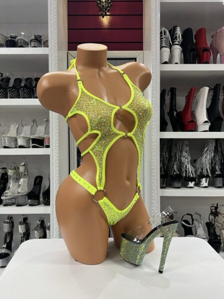 Neon Lime Ringset with rhinestone mesh fabric silver ring accents and dramatic cutout design