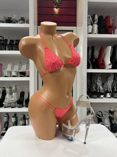 Coral Crystal Bikini with rhinestone triangle top and double-string micro thong bottoms