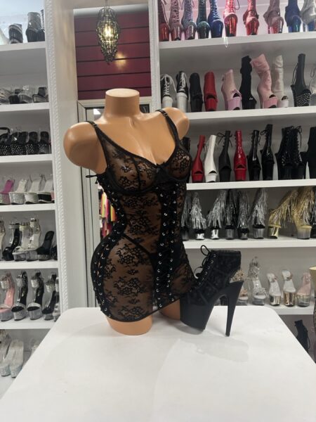 Midnight Muse Chemise black sheer floral lace lingerie dress with corset lace-up sides and underwire cups