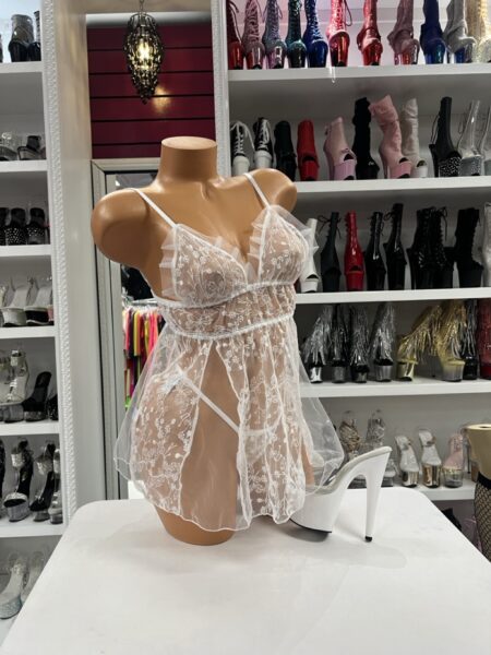 Bridal Bloom Babydoll white sheer embroidered lingerie dress with floral lace detail and matching thong