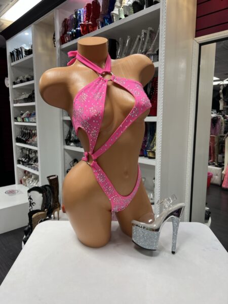 Pink Crystal Monokini hot pink rhinestone cutout one piece swimsuit with silver ring accents