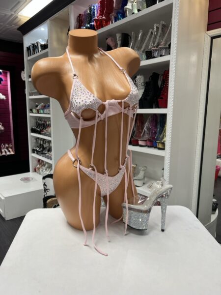 Blush Crystal Fringe Set pink rhinestone lingerie with dangling straps and silver ring accents