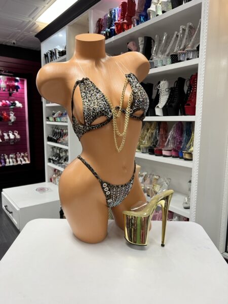 Leopard Chain Bikini Set rhinestone animal print bikini with gold chain accents and crystal detail