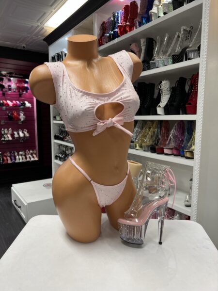 Blush Sparkle Bikini Set pink rhinestone bikini with keyhole cutout top and matching thong bottoms